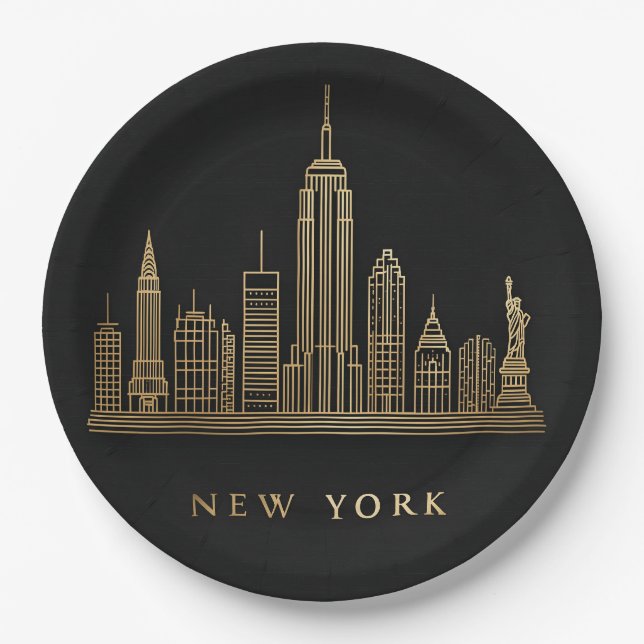 New York City Skyline Gold Line Art Pappteller (Vorderseite)