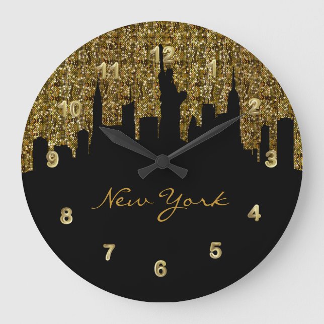 New York City Skyline | Golden Confetti Glitzer Große Wanduhr (Vorderseite)
