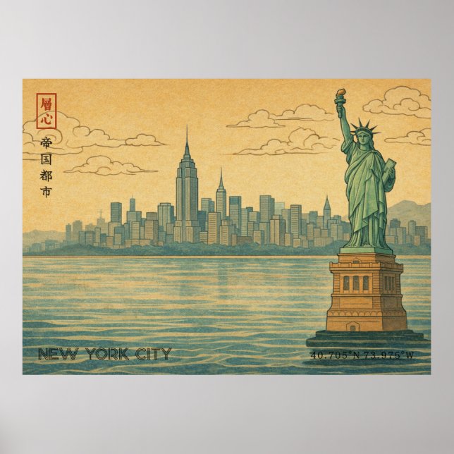 New York City Skyline in Japanese Ukiyo-e Style Poster (Vorne)