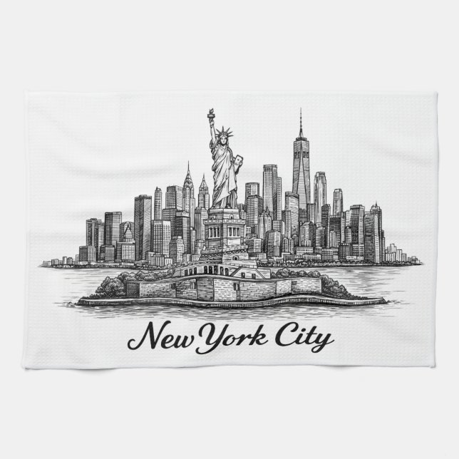 New York City Skyline Line Art Illustration Geschirrtuch (Horizontal)