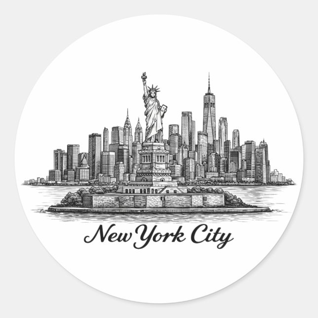 New York City Skyline Line Art Illustration Runder Aufkleber (Vorderseite)