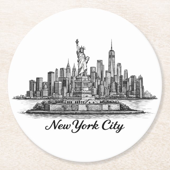 New York City Skyline Line Art Illustration Runder Pappuntersetzer (Vorderseite)