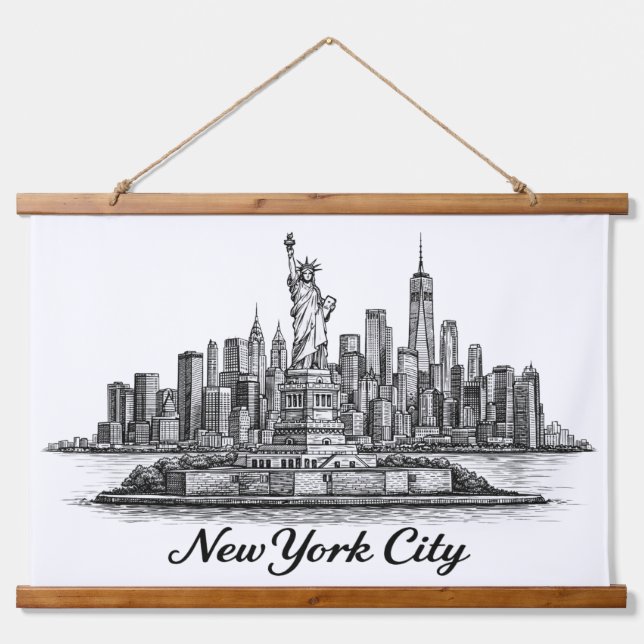 New York City Skyline Line Art Illustration Wandteppich Mit Holzrahmen (Vorne)