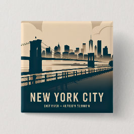 New York City Skyline Minimalist Art Vintage River Button
