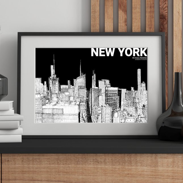 New York City Skyline Sketch Schwarz-weiß Mate Poster (New York City Skyline Black White Sketch Mate Poster)