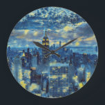 New York City Skyline Van Gogh Starry Night Art Große Wanduhr<br><div class="desc">Holen Sie sich diese stilvolle Uhr der New Yorker Skyline,  die von Van Goghs Kunststil inspiriert ist. Mit der New Yorker Stadtbild in Van Gogh's Starry Night,  kommt die Uhr in einem Art-Postimpressionismus-Stil in blau und gelb</div>