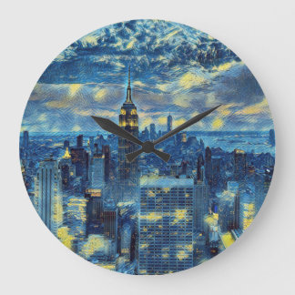 New York City Skyline Van Gogh Starry Night Art Große Wanduhr