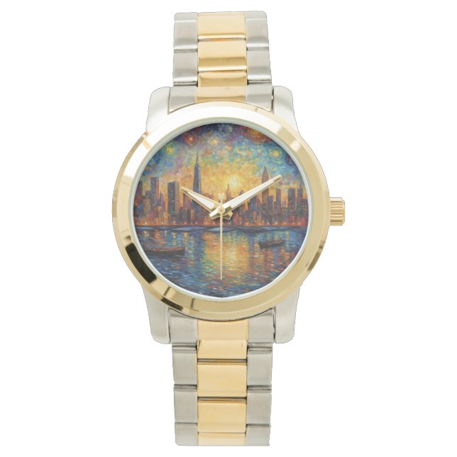 New York City Skyline van Gogh Stil Armbanduhr (Vorderseite)