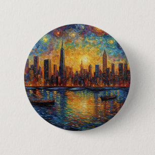 New York City Skyline van Gogh Stil Button
