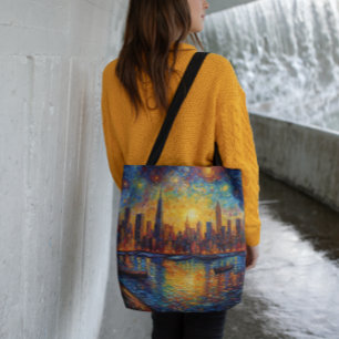 New York City Skyline van Gogh Stil Tragetaschen Mit Langen Trägern