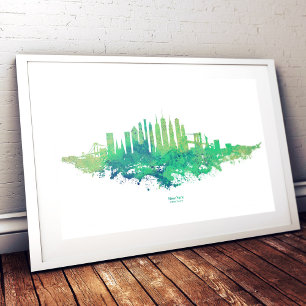 New York City Skyline Watercolor in blau und grün Fotodruck