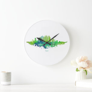 New York City Skyline Watercolor in blau und Limon Große Wanduhr