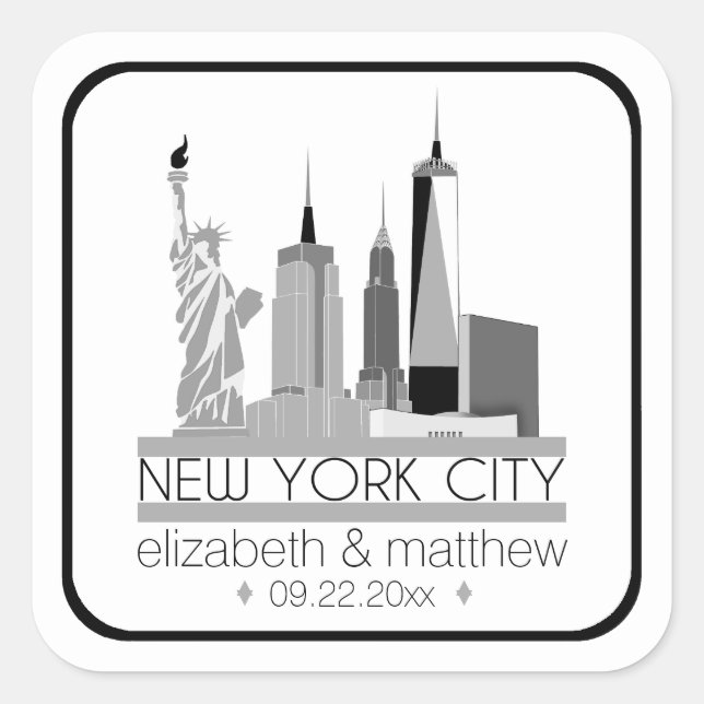 New York City Skyline Wedding Quadratischer Aufkleber (Vorderseite)