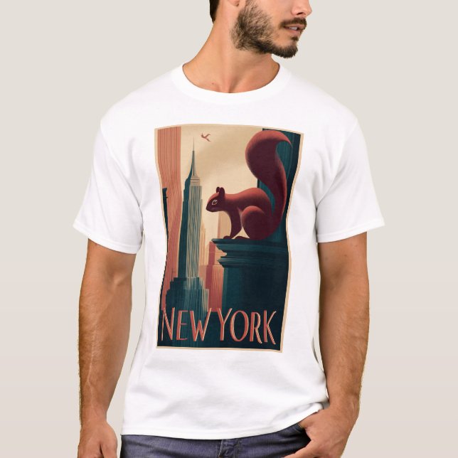 New York City Squirrel – Art Deco Skyline Poster T-Shirt (Vorderseite)