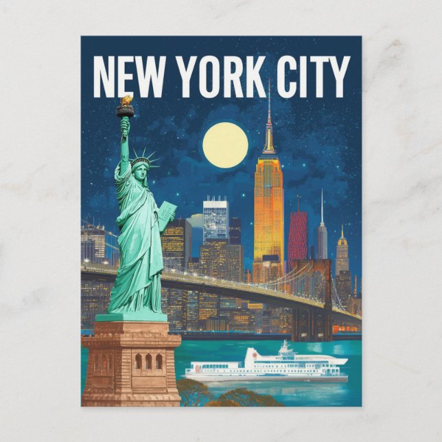 New York City Statue of Liberty & Skyline Retro Postkarte (Vorderseite)