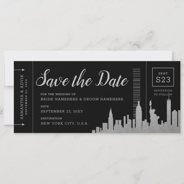 New York City Zielort Silberner Boarding Pass Save The Date (Vorderseite)