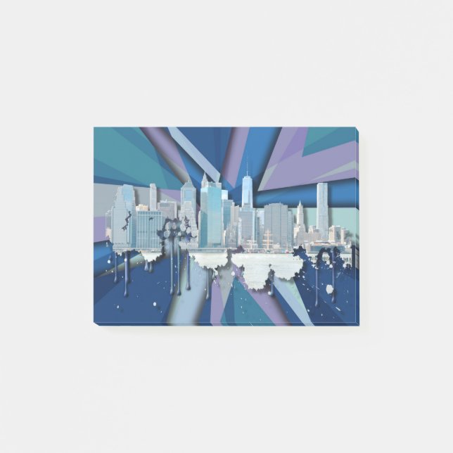 New- York CitySkyline | blaues 3D Post-it Klebezettel (Vorderseite)
