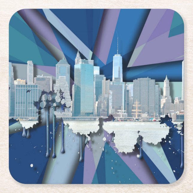 New- York CitySkyline | blaues 3D Rechteckiger Pappuntersetzer (Vorderseite)