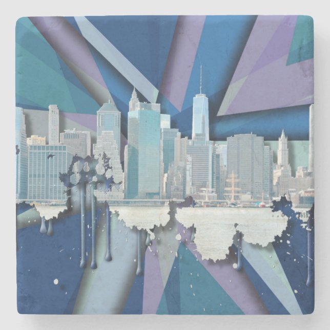 New- York CitySkyline | blaues 3D Steinuntersetzer (Vorderseite)