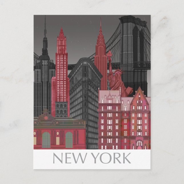 New York Elevations by Night - Red Postkarte (Vorderseite)