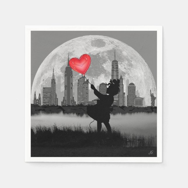 NEW YORK Full Moon Girl Heart Baloon Paper Napkins Serviette (Vorderseite)