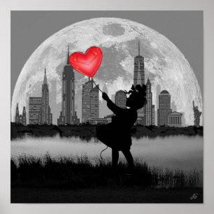 NEW YORK Full Moon Girl Herzballon Wall Poster