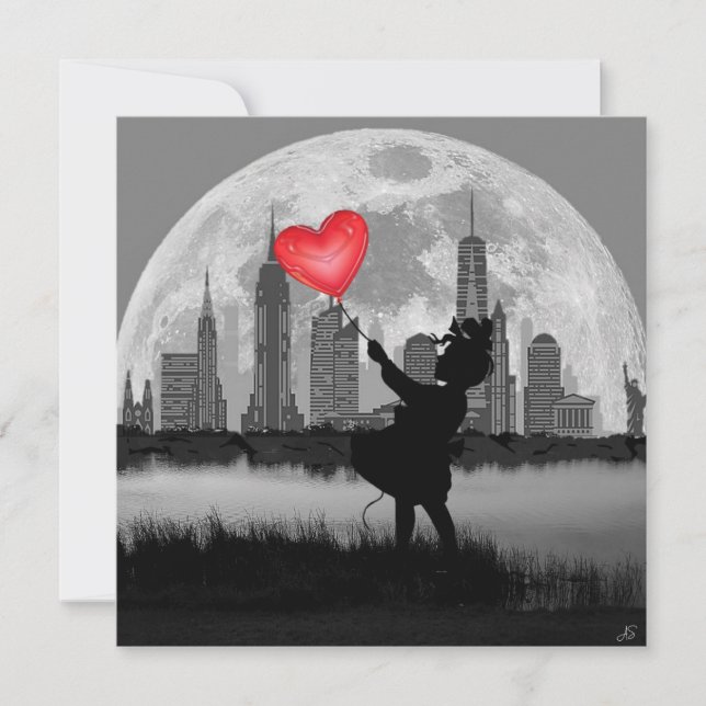 NEW YORK Full Moon Girl mit Heart Balloon Art Card (Vorderseite)