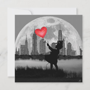 NEW YORK Full Moon Girl mit Heart Balloon Art Card