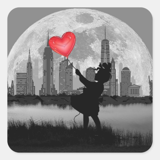NEW YORK Full Moon Girl mit Heart Balloon Sticker (Vorderseite)
