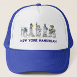 New York Hanukkah NYC Chanukah Happy Holidays Truckerkappe<br><div class="desc">Features an original pen-and-ink illustration of various New York City landmarks "dressed up" for the holiday season!

This Chanukah illustration is also available on other products. Don't see what you're looking for? Need help with customization? Contact Rebecca to have something designed just for you.</div>