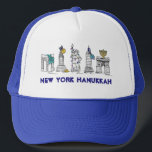 New York Hanukkah NYC Chanukah Happy Holidays Truckerkappe<br><div class="desc">Features an original pen-and-ink illustration of various New York City landmarks "dressed up" for the holiday season!

This Chanukah illustration is also available on other products. Don't see what you're looking for? Need help with customization? Contact Rebecca to have something designed just for you.</div>