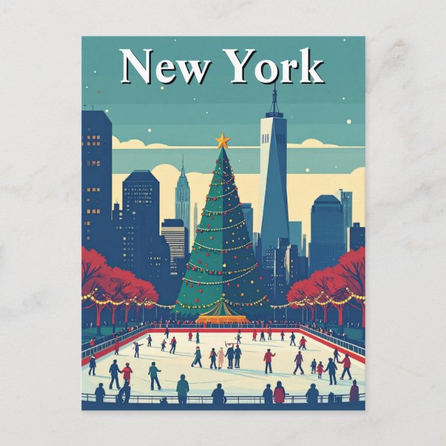 New York Ice Rink Weihnachtsbaum Reisen Postkarte (Vorderseite)