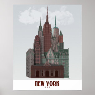 New York in den Wolken - dunkelrot und grün Poster
