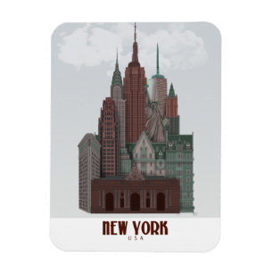 New York in Wolken - Dunkelrot und grün Magnet