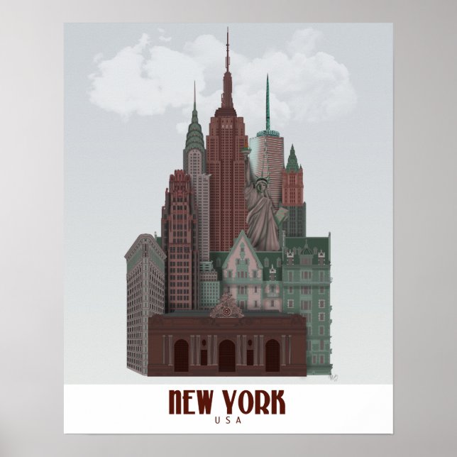 New York in Wolken - Dunkelrot und grün Poster (Vorne)