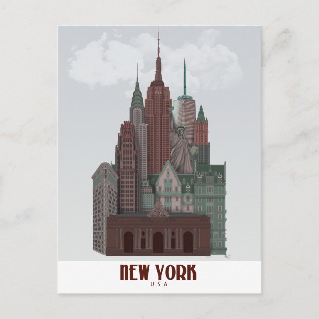 New York in Wolken - Dunkelrot und grün Postkarte (Vorderseite)