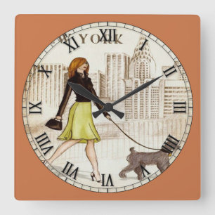 New York Lady Walking Dog römische Zahl Quadratische Wanduhr