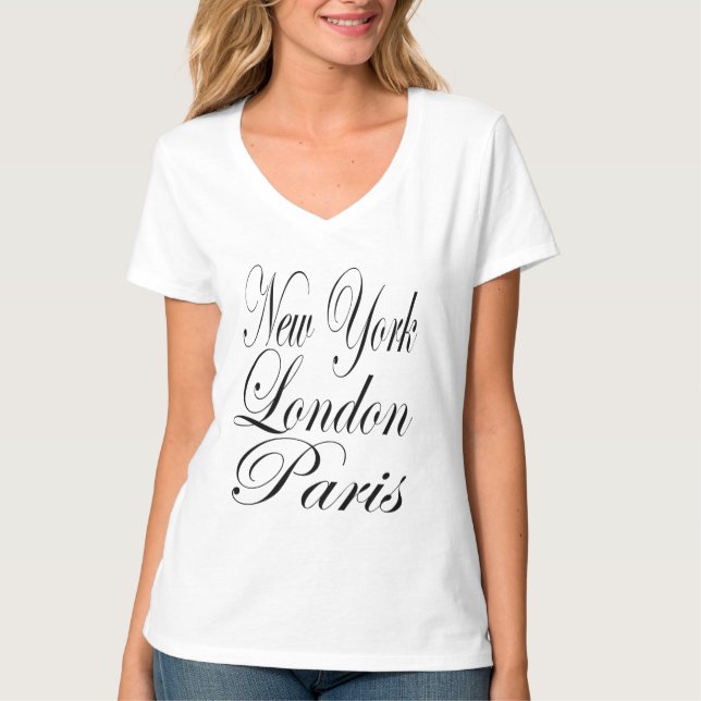 New York London Paris Typografie Slogan T-Shirt (Vorderseite)