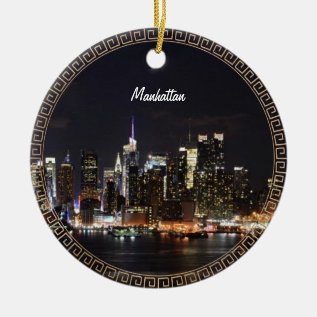 New York, Manhattan Skyline bei Nacht Keramik Ornament (Vorne)
