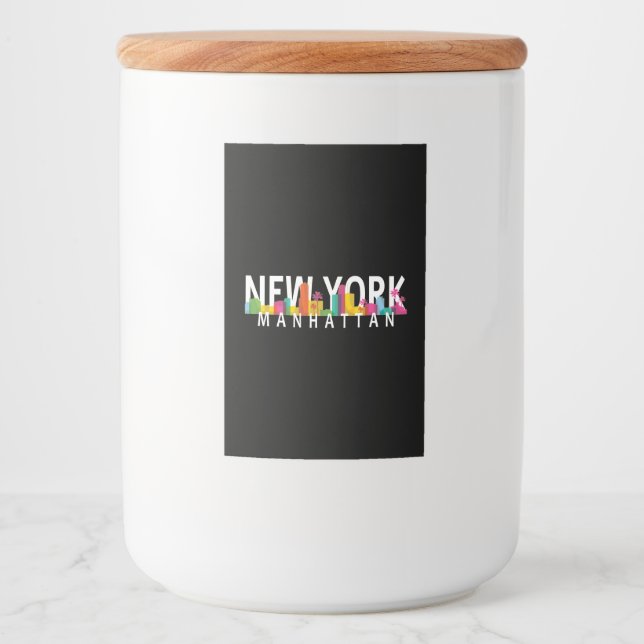 New York Manhattan Skyline mit Palmen Lebensmitteletikett (Vorderseite)