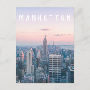 New York Manhattan Text Pink Blue Skyline Sunset Postkarte