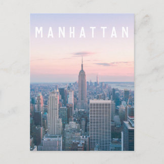New York Manhattan Text Pink Blue Skyline Sunset Postkarte