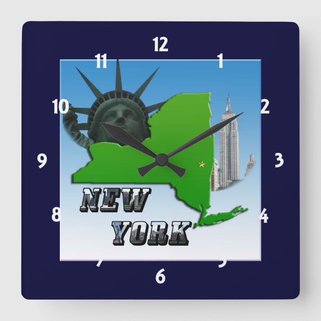 New York Map, Freiheitsstatue, Monument Clock Quadratische Wanduhr (Vorderseite)