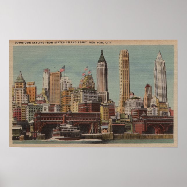 New York, NY - Downtown Skyline von Staten Poster (Vorne)