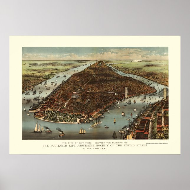 New York, NY Panoramic Map - 1883 Poster (Vorne)