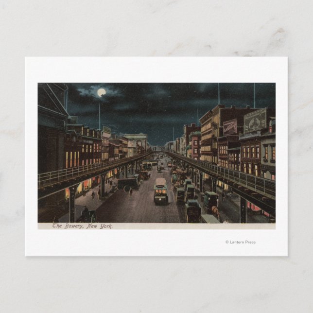 New York, NY - The Bowery - Night Scene Postkarte (Vorderseite)