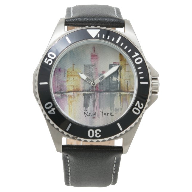 New York NYC Skyline Cityscape Original-Kunstwerk Armbanduhr (Vorderseite)