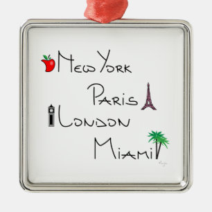 New York, Paris, London, Miami Silbernes Ornament