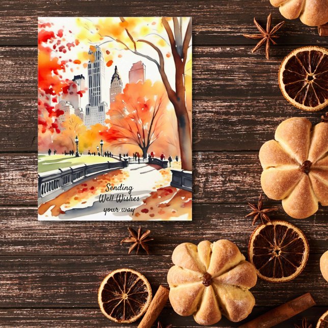 New York Park Wasserfarbenfrohe Wünsche Postkarte (New York Central park in fall watercolor well wishes postcard warm autumn colors pathway with trees)