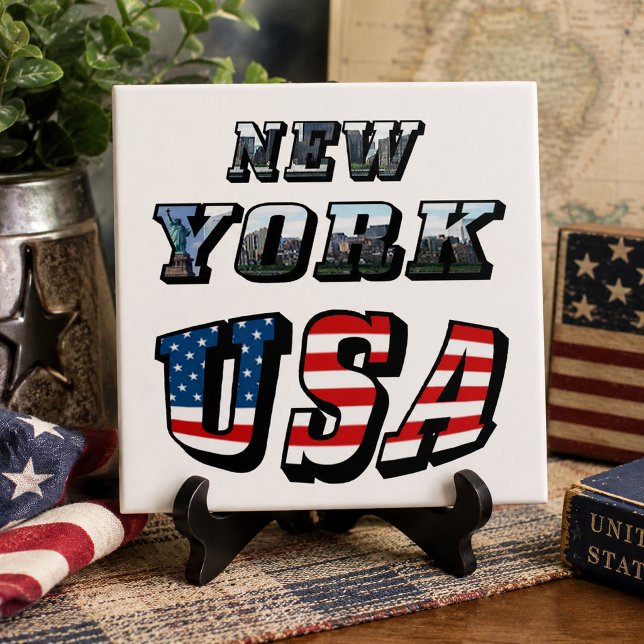 New York Picture and USA Flag Text Fliese (New York Picture and USA Flag Text Tile)